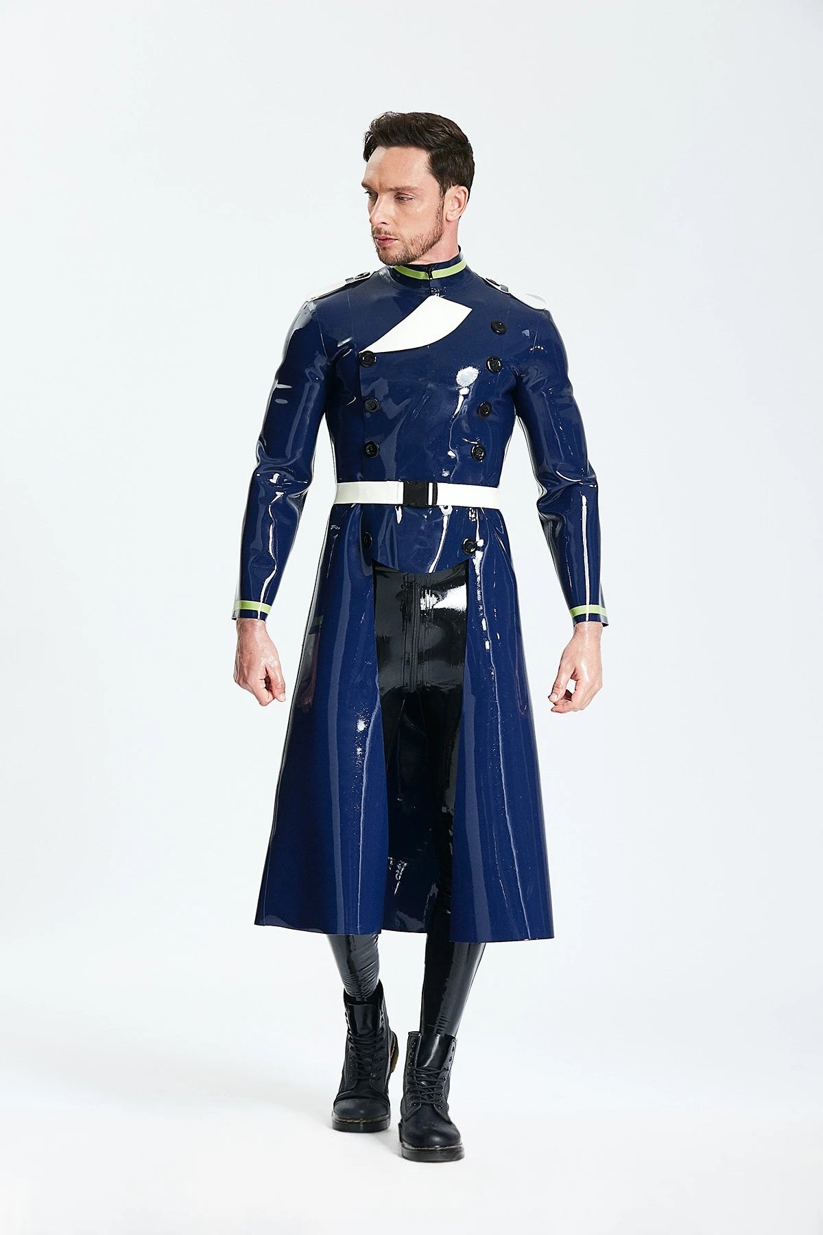 Dark Blue Male 'Cossack' Long Latex Coat