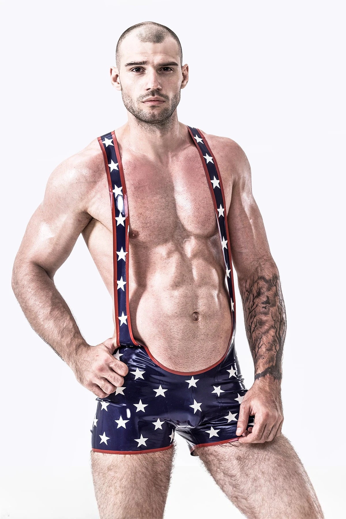 dark blue Male Star-Spangled Wrestling Latex Suit