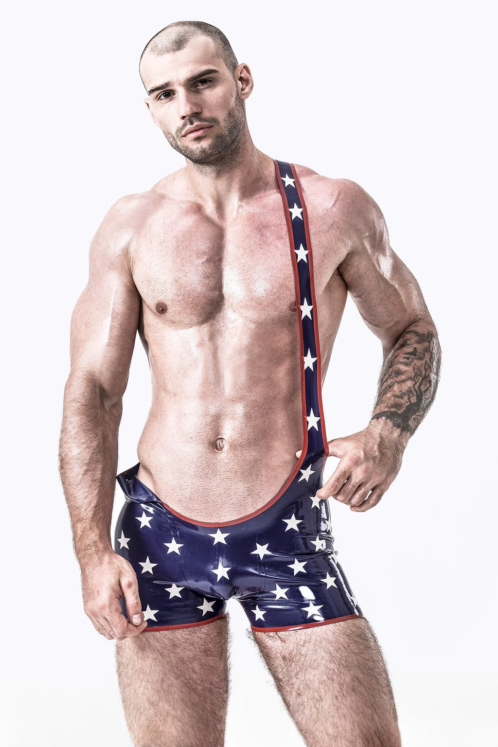 dark blue Male Star-Spangled Wrestling Latex Suit