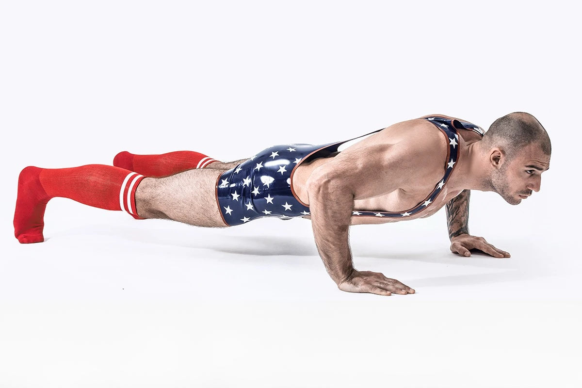 dark blue Male Star-Spangled Wrestling Latex Suit