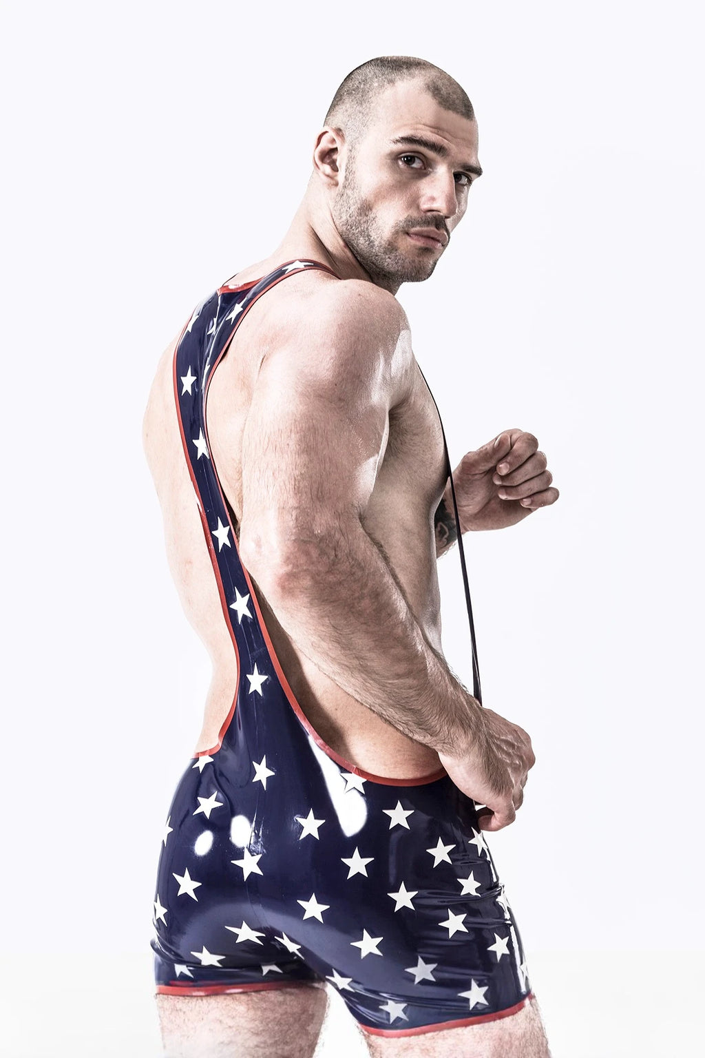 dark blue Male Star-Spangled Wrestling Latex Suit
