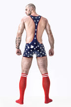 dark blue Male Star-Spangled Wrestling Latex Suit
