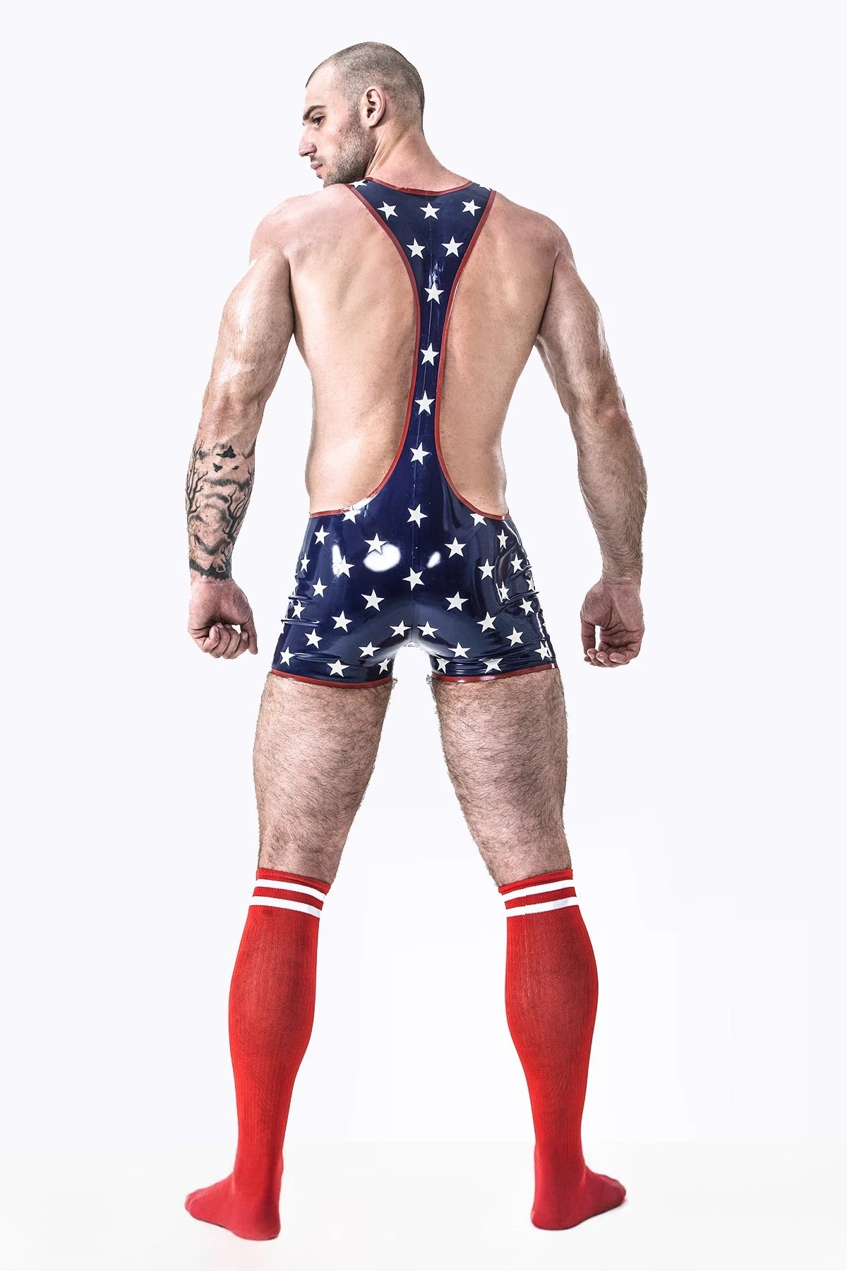 dark blue Male Star-Spangled Wrestling Latex Suit