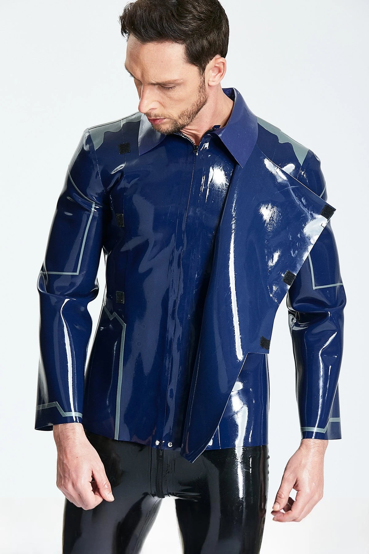 Dark Blue Male 'Debonair' Cross-over Latex Jacket