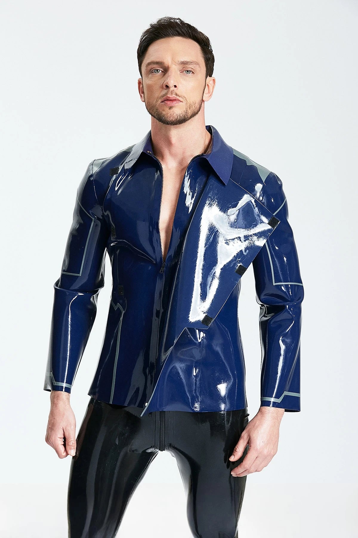 Dark Blue Male 'Debonair' Cross-over Latex Jacket