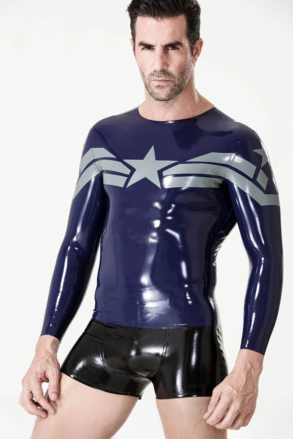 Dark Blue Male 'Star Blazer' Long-Sleeved Latex T-shirt