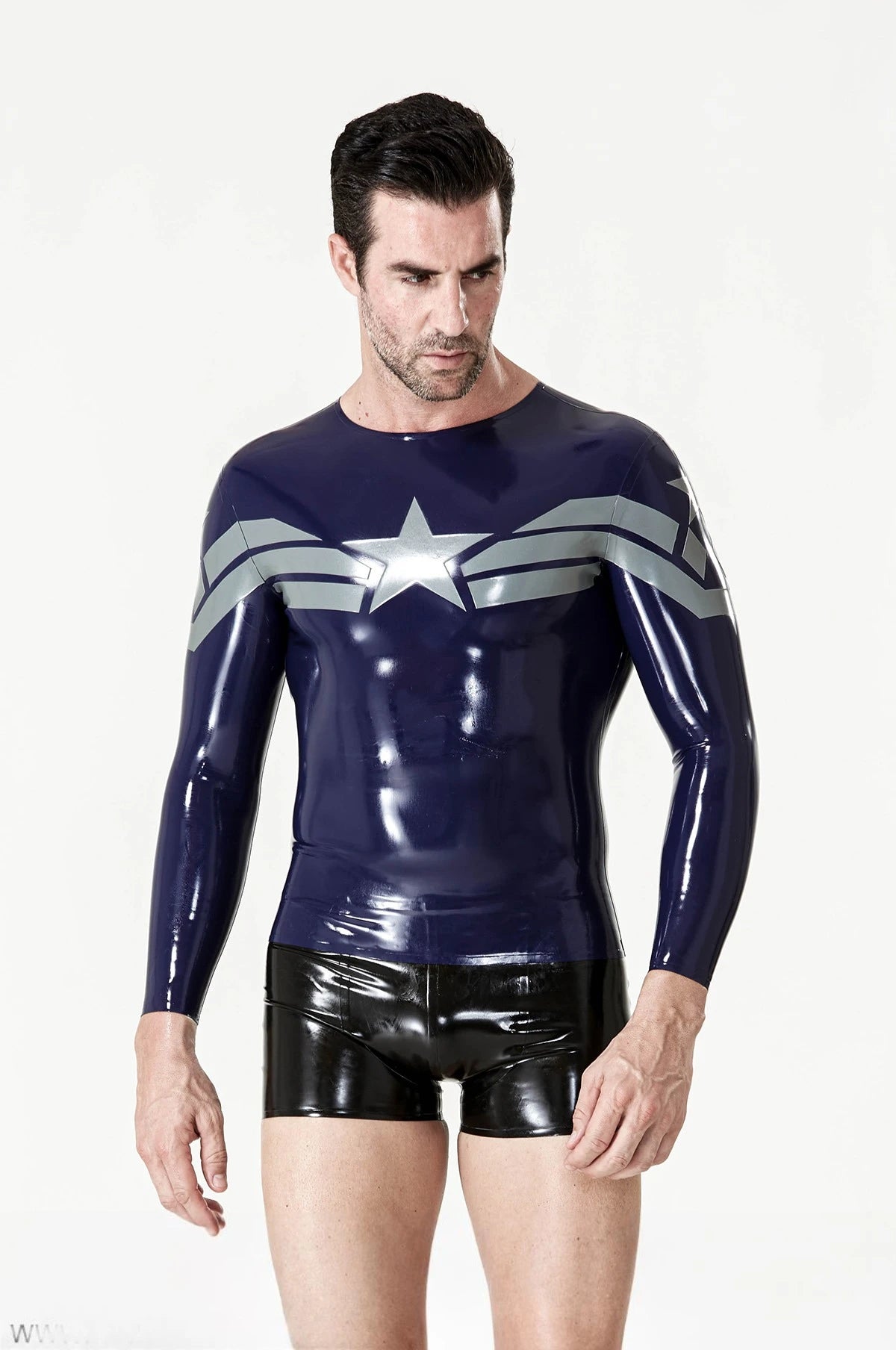 Dark Blue Male 'Star Blazer' Long-Sleeved Latex T-shirt