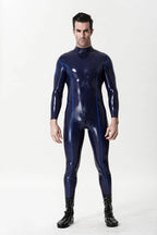 Dark Blue Male 'Pencil-Striped' Neck Entry Latex Catsuit