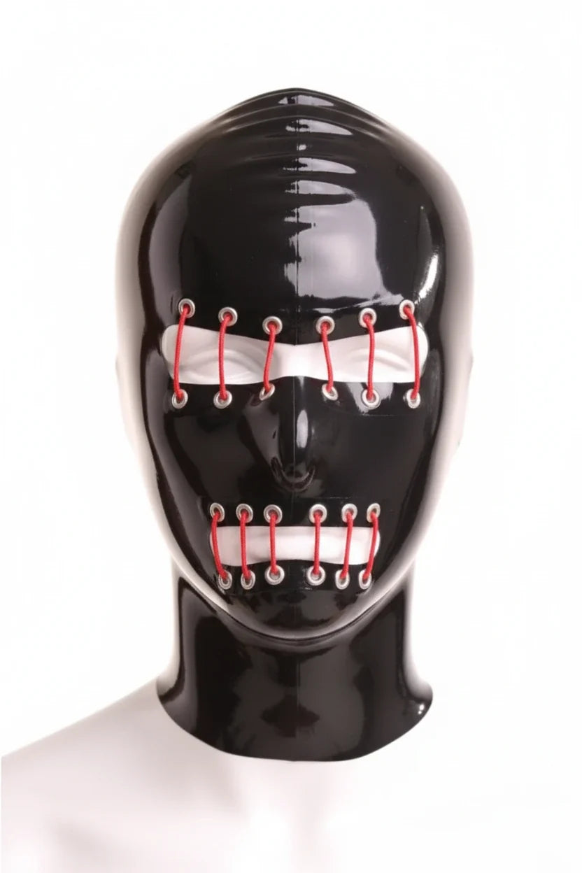 Gothic Latex Hood with Grommet Lace Detail — Red Cord Hardware