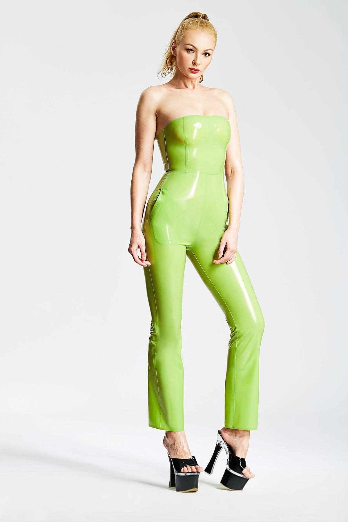 Grass Green Cute Low-cut Female Latex Jumpsuit