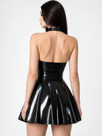 High-Neck Halter Latex Fit-and-Flare Mini Dress in Black
