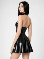 High-Neck Halter Latex Fit-and-Flare Mini Dress in Black
