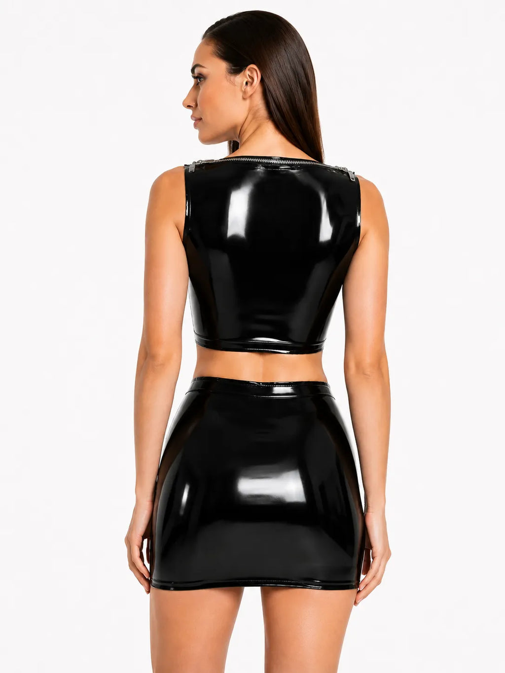 High-Neck Keyhole Latex Crop Top in Black — Zip Cutout Detail