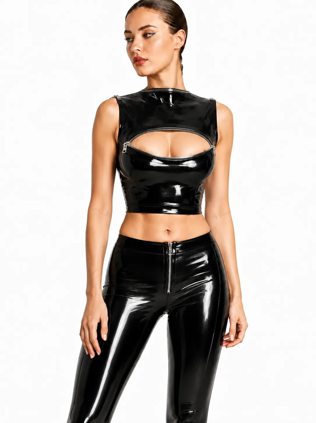 High-Neck Keyhole Latex Crop Top in Black — Zip Cutout Detail