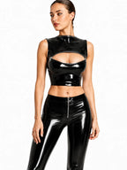 High-Neck Keyhole Latex Crop Top in Black — Zip Cutout Detail