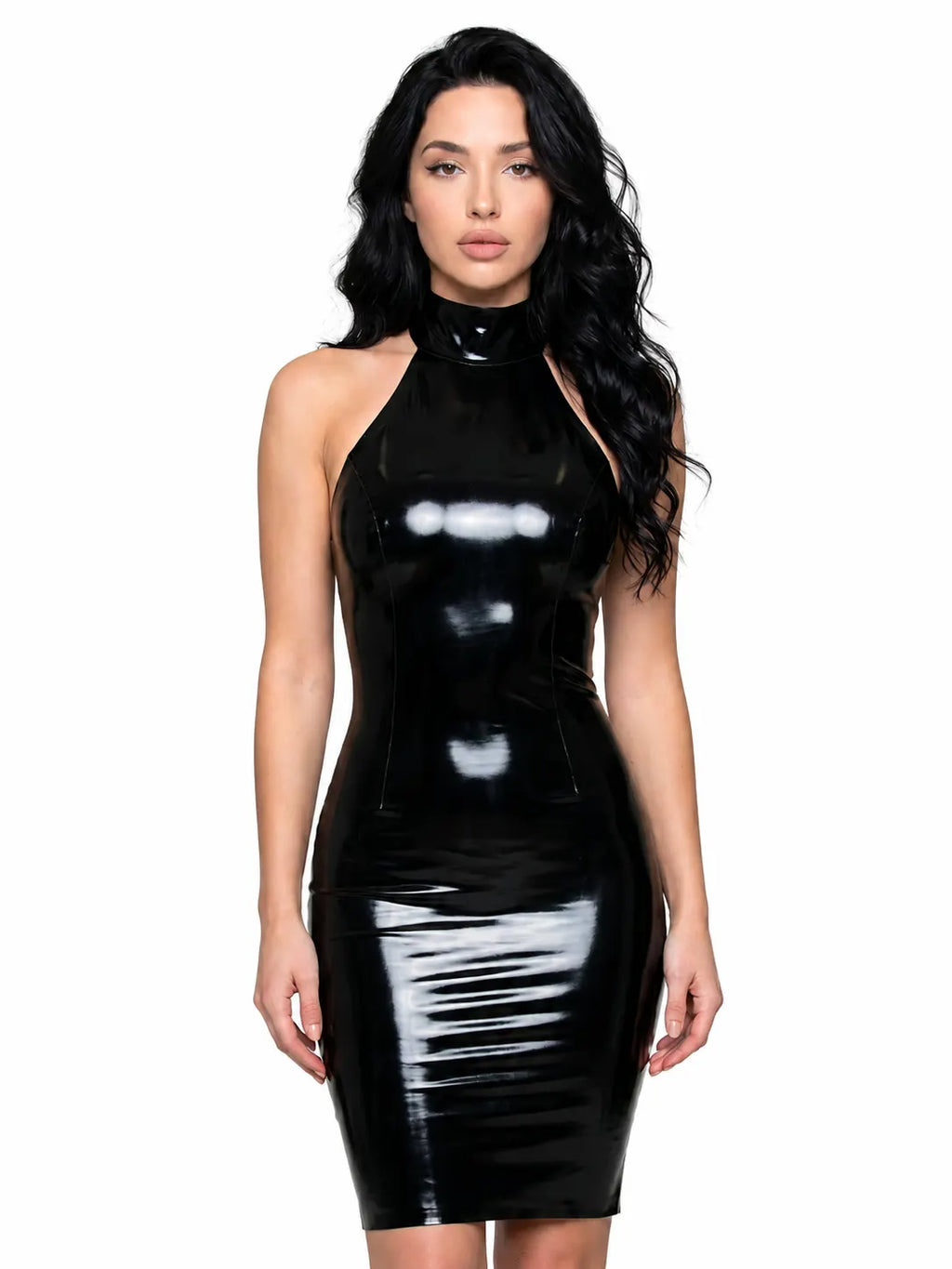 High Neck Latex Mini Dress in Black
