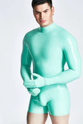 Jade Green Male Mitten-Sleeved Neck Entry Short Latex Catsuit