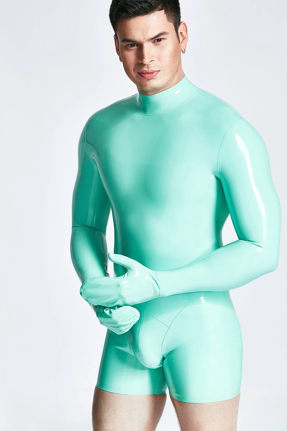 Jade Green Male Mitten-Sleeved Neck Entry Short Latex Catsuit