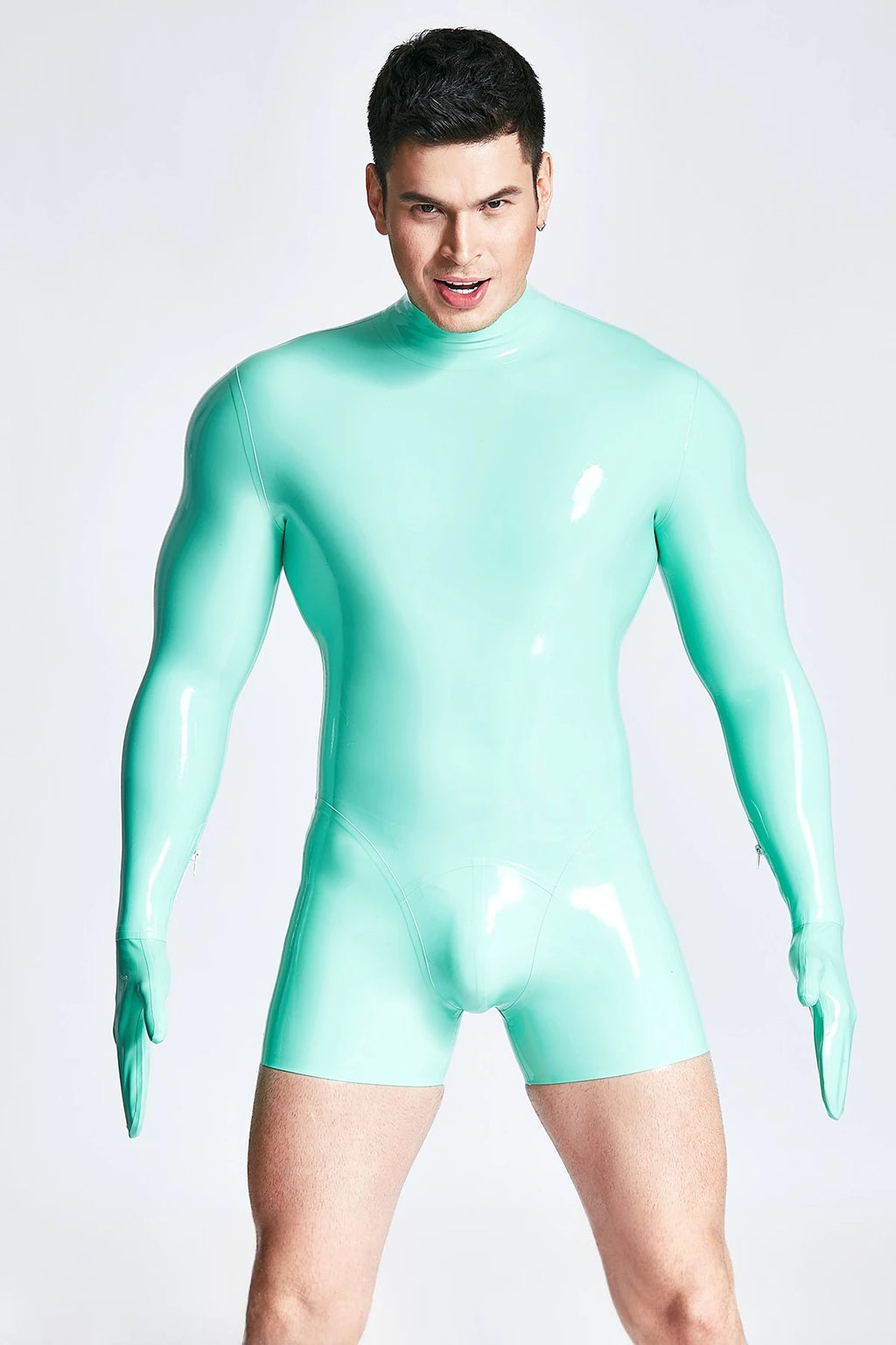 Jade Green Male Mitten-Sleeved Neck Entry Short Latex Catsuit