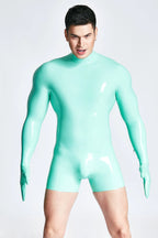 Jade Green Male Mitten-Sleeved Neck Entry Short Latex Catsuit