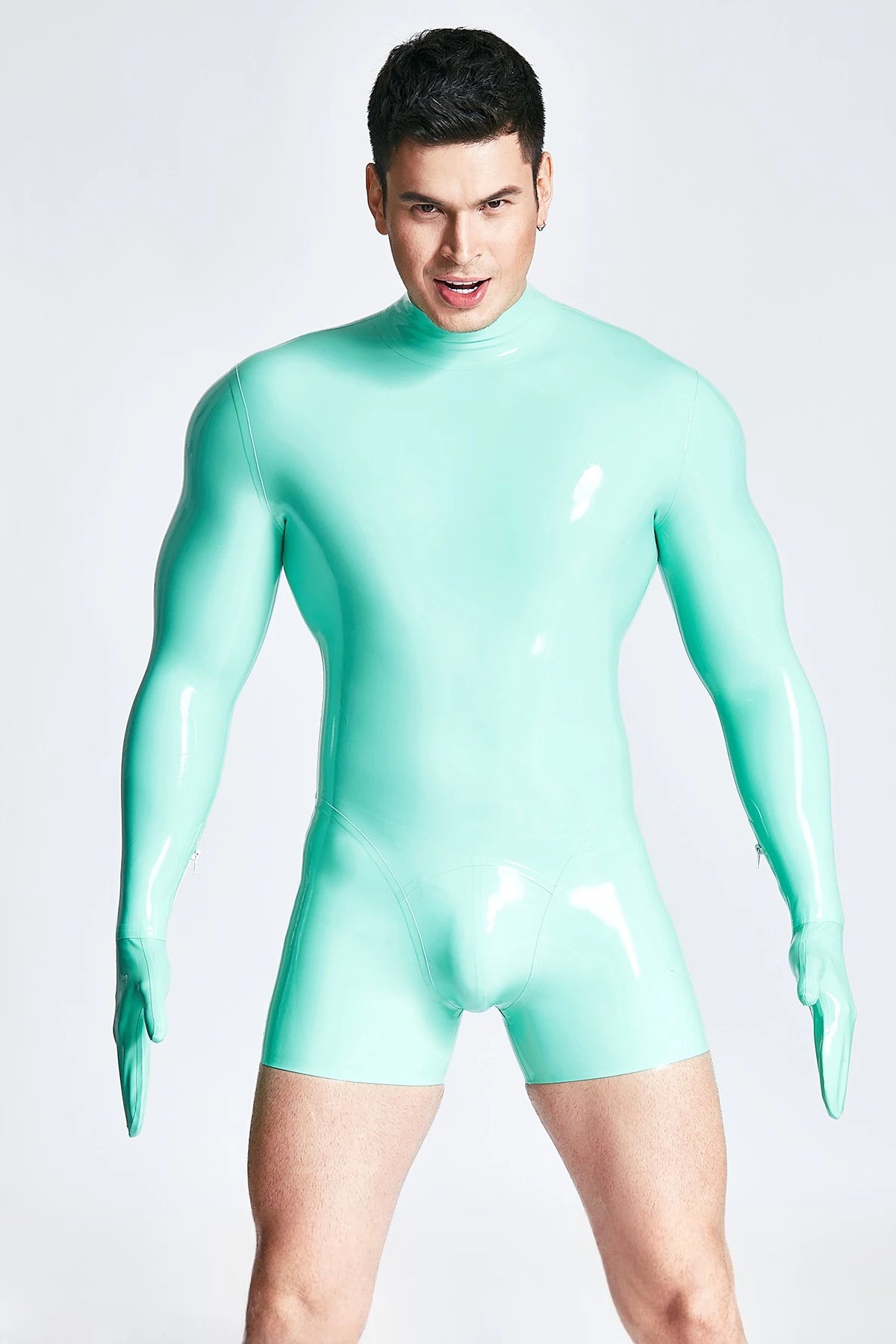 Jade Green Male Mitten-Sleeved Neck Entry Short Latex Catsuit