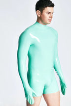 Jade Green Male Mitten-Sleeved Neck Entry Short Latex Catsuit