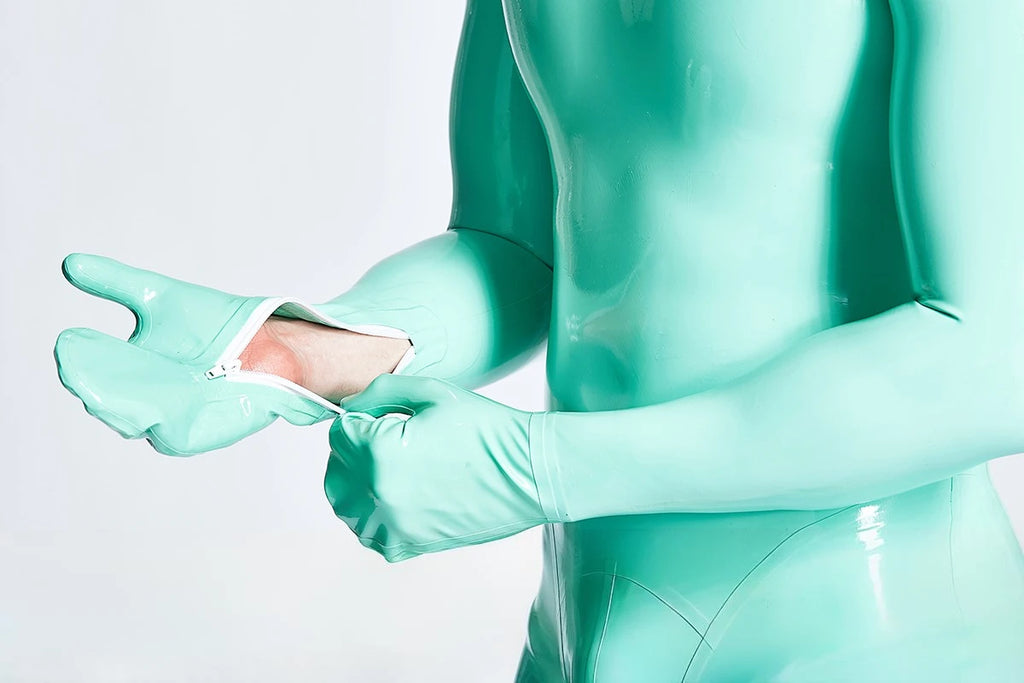 Jade Green Male Mitten-Sleeved Neck Entry Short Latex Catsuit