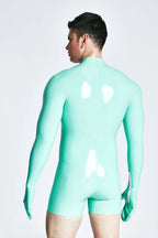 Jade Green Male Mitten-Sleeved Neck Entry Short Latex Catsuit