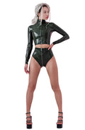 Khaki Latex Top and High-Waist Panties Set — Long Sleeve, Zip