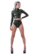Khaki Latex Top and High-Waist Panties Set — Long Sleeve, Zip