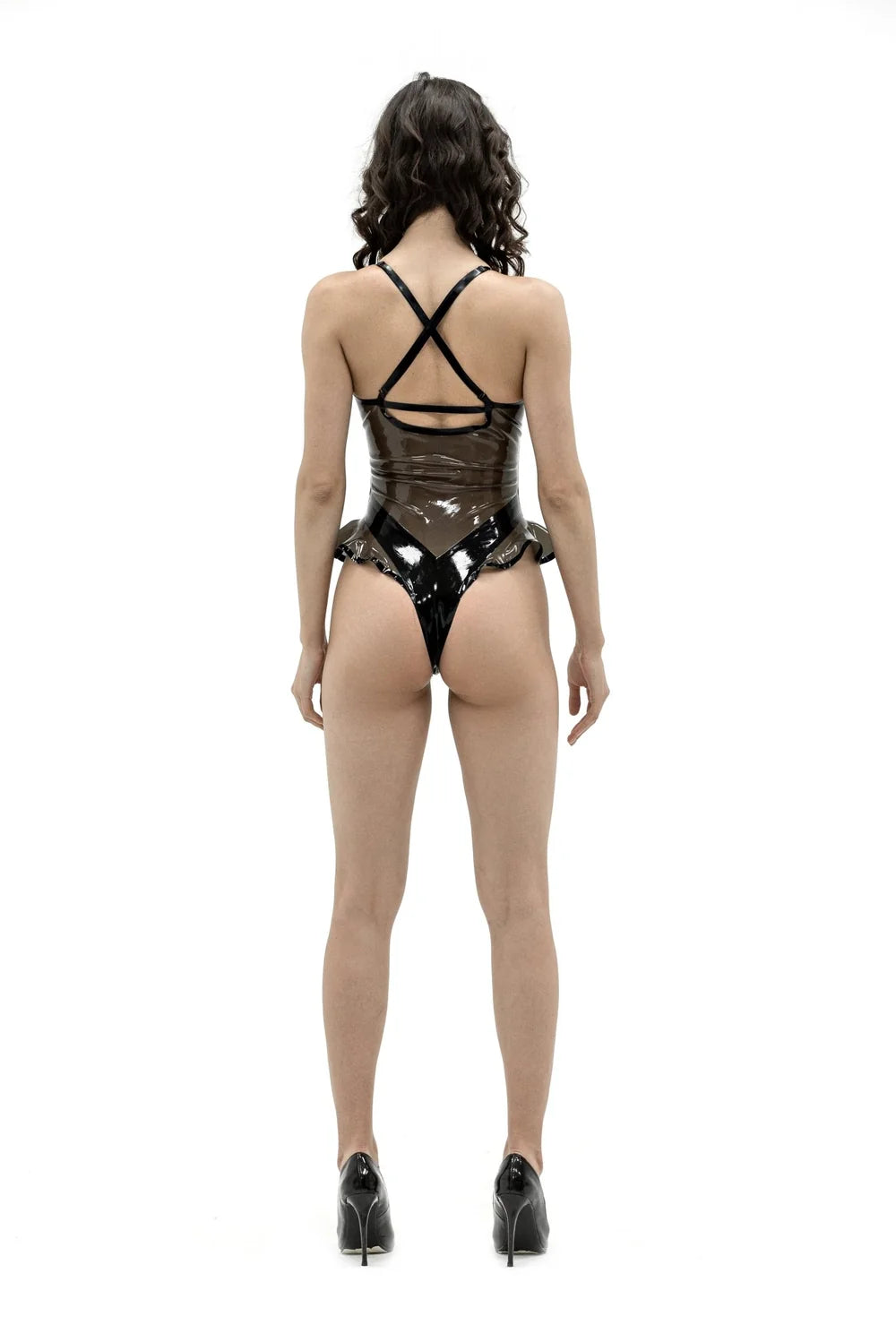 Latex Bodysuit with Frill — Black, Semi-Transparent, Adjustable Straps
