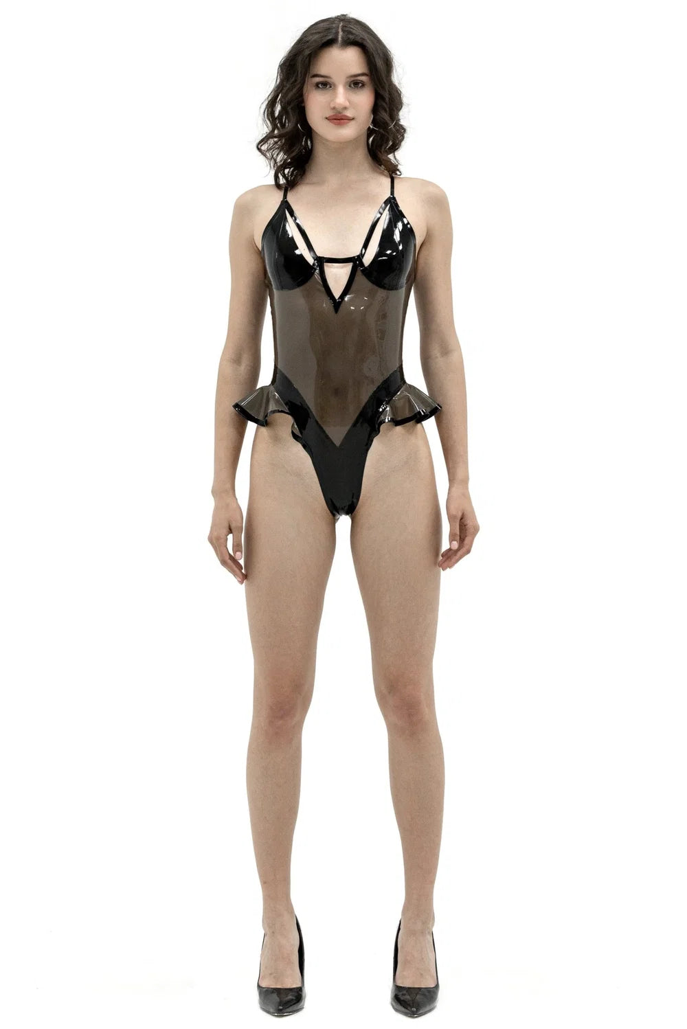 Latex Bodysuit with Frill — Black, Semi-Transparent, Adjustable Straps