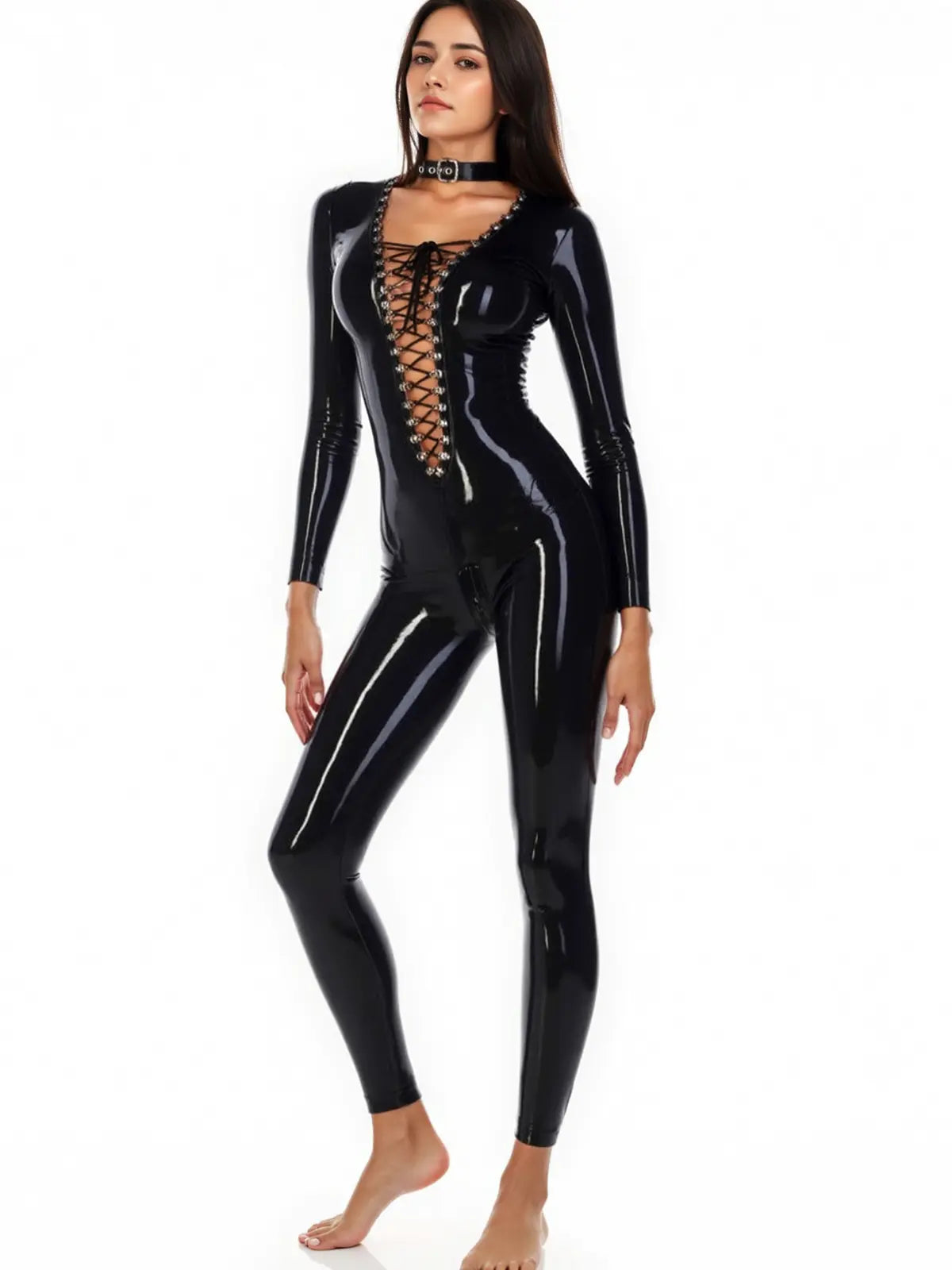 Latex Catsuit — D-Ring Lace-Up Front, Two-Way Back Zip