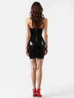 Latex Corseted & Laced Sleeveless Mini Dress — Black