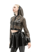 Latex Crop Jacket with Hood in Semi-Transparent Black — Front Zip & Long Sleeves