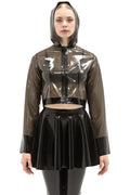Latex Crop Jacket with Hood in Semi-Transparent Black — Front Zip & Long Sleeves