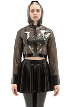 Latex Crop Jacket with Hood in Semi-Transparent Black — Front Zip & Long Sleeves