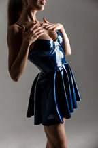 Latex Doll Dress in Metallic Blue — Skater Style, Ruffled Skirt & Zipper