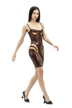 Latex Dress Keira in Brown — Underwired Bust, Golden Metallic Accents & Back Zip