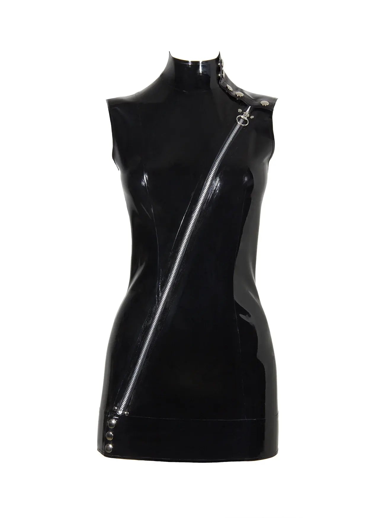 Latex Fitted Sleeveless Mini Dress with Asymmetric Zip