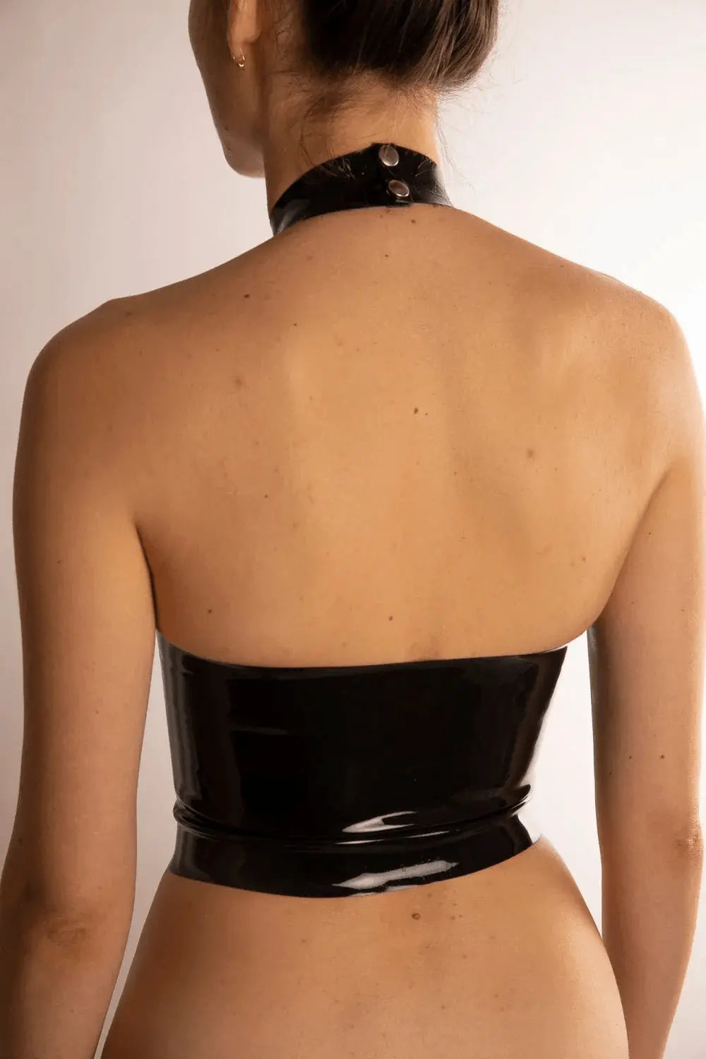 Latex Halter Crop Top — High Neck & Cutout Chest