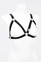 Latex Harness Bra with Decorative Metal Rings — Clasp-Free