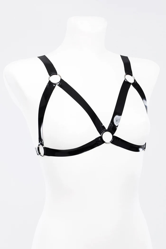 Latex Harness Bra with Decorative Metal Rings — Clasp-Free