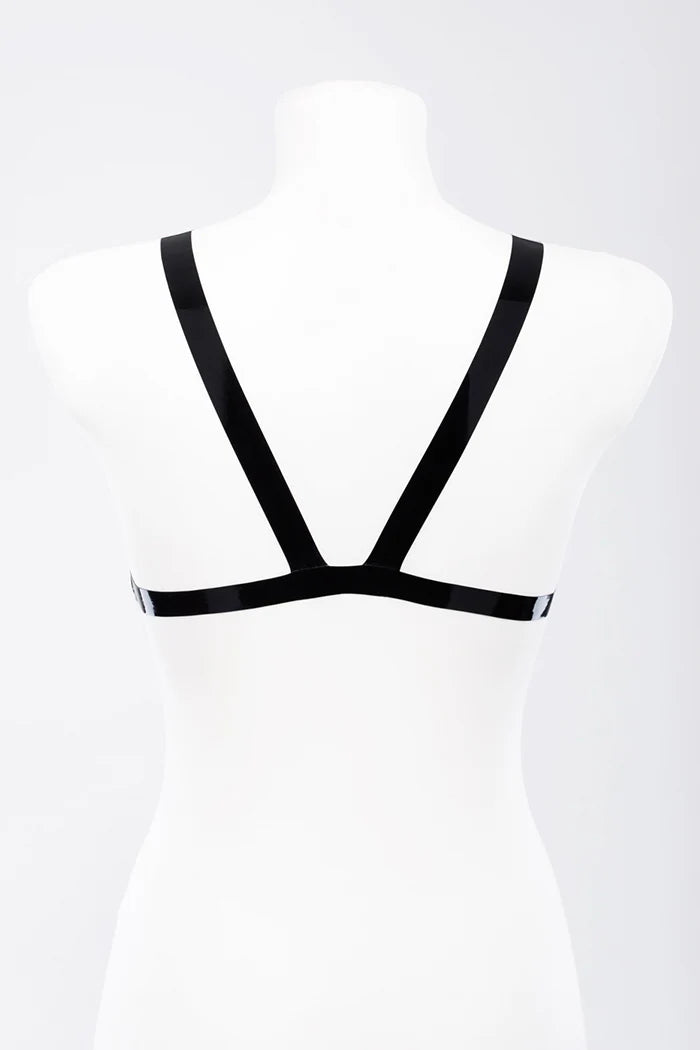 Latex Harness Bra with Decorative Metal Rings — Clasp-Free