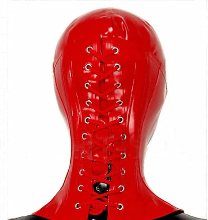 Latex Hood with Neck Corset Collar in Red — Back Lacing