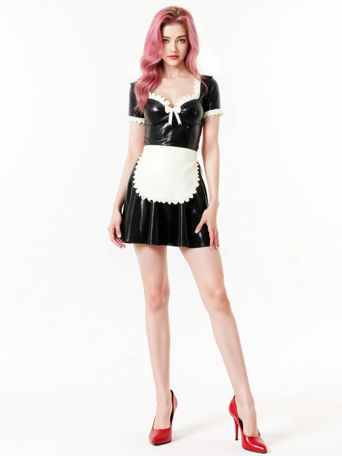 Latex Maid Uniform Dress with Apron & Cap — Black & White
