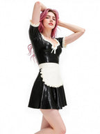 Latex Maid Uniform Dress with Apron & Cap — Black & White