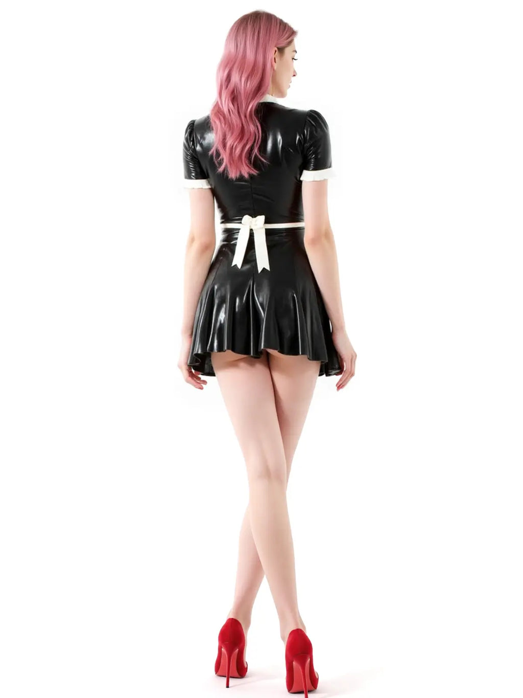 Latex Maid Uniform Dress with Apron & Cap — Black & White