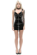 Latex Mini Dress in Black — Front Metal Zipper, Waist Belt & Shoulder Straps