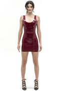 Latex Mini Dress in Burgundy — U-Neck, Wide Straps & Middle-Cut Back